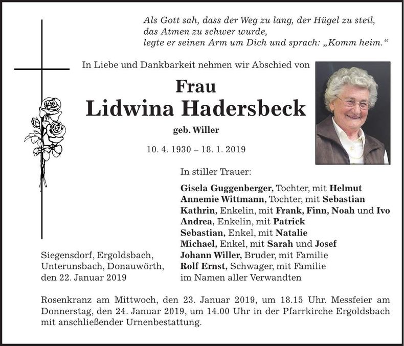 Traueranzeige Lidwina Hadersbeck