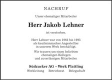 Traueranzeige Jakob Lehner