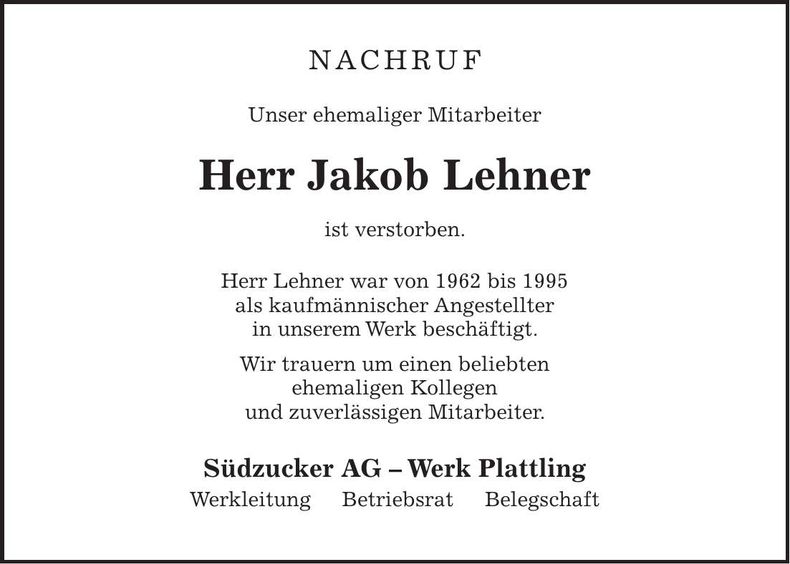 Traueranzeige Jakob Lehner