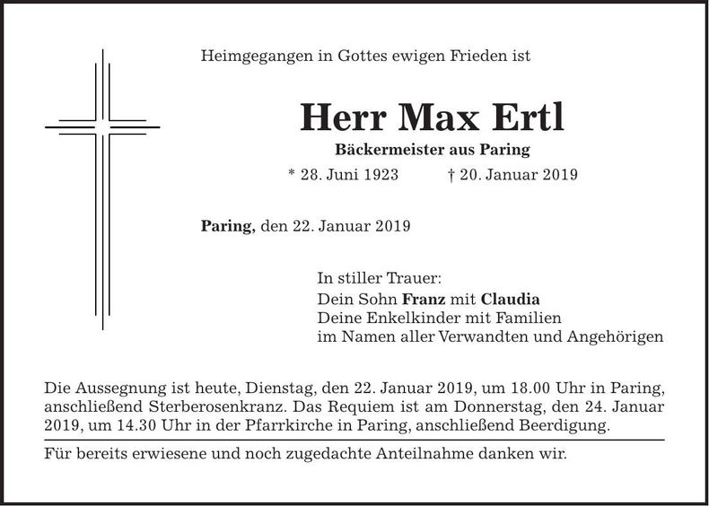 Traueranzeige Max Ertl