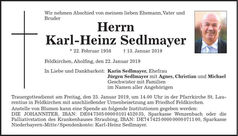 Traueranzeige Karl-Heinz Sedlmayer