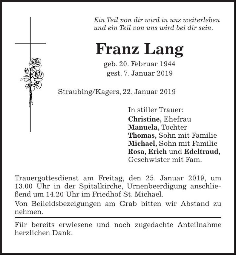 Traueranzeige Franz Lang