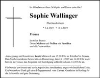 Traueranzeige Sophie Wallinger