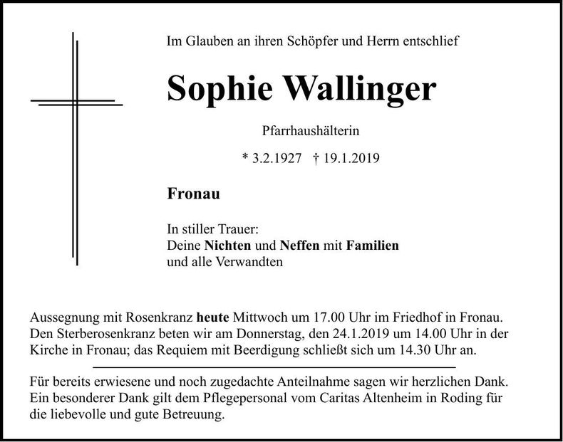 Traueranzeige Sophie Wallinger
