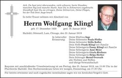 Traueranzeige Wolfgang Klingl