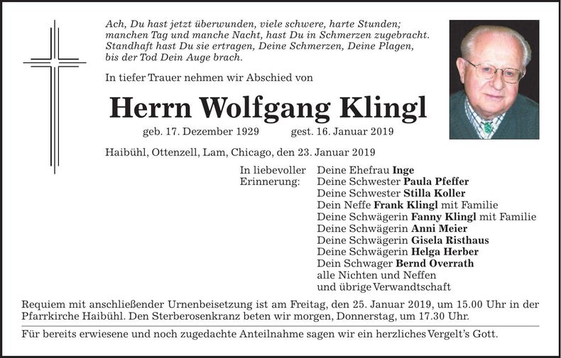 Traueranzeige Wolfgang Klingl