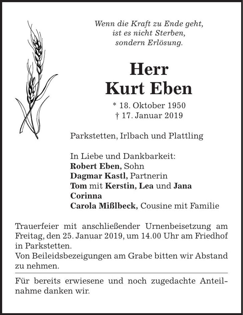 Traueranzeige Kurt Eben