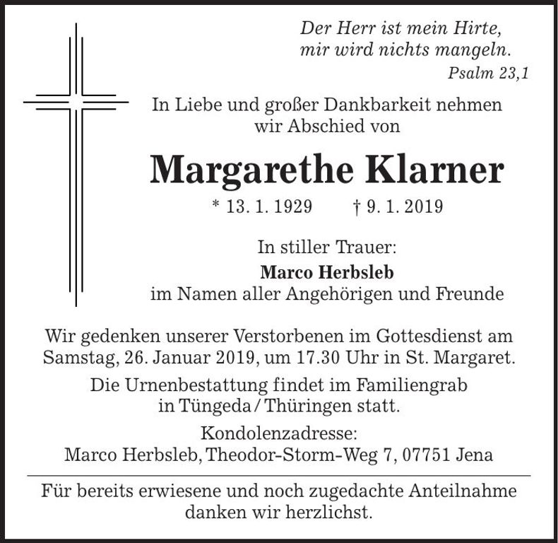 Traueranzeige Margarethe Klarner