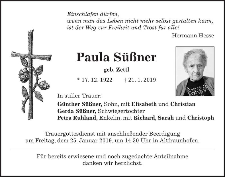 Traueranzeige Paula Süßner