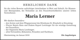 Traueranzeige Maria Lermer