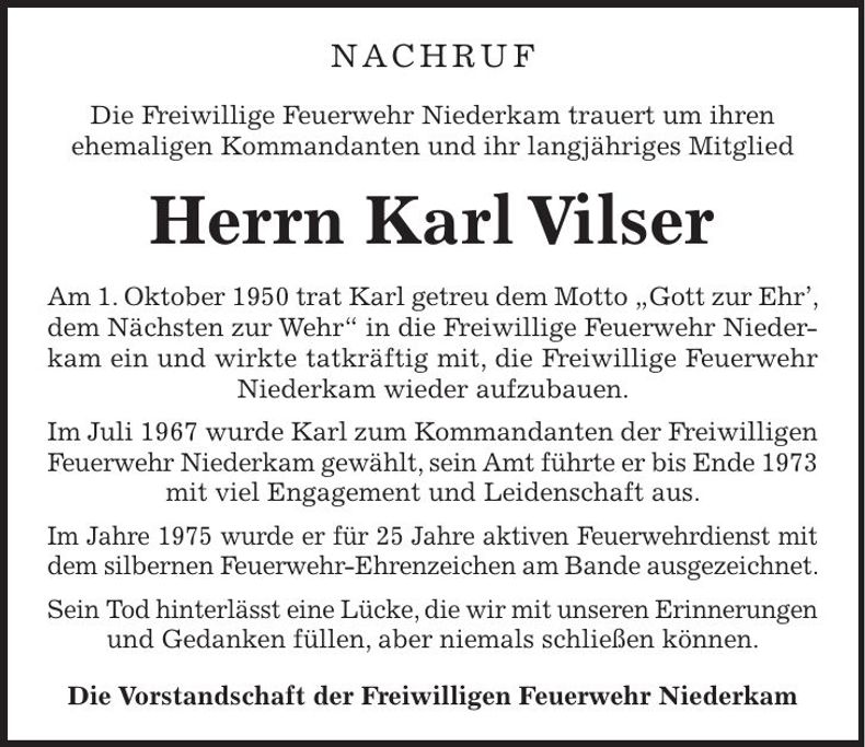 Traueranzeige Karl Vilser