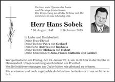 Traueranzeige Hans Sobek