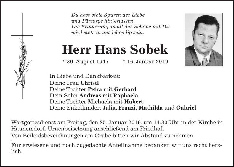 Traueranzeige Hans Sobek