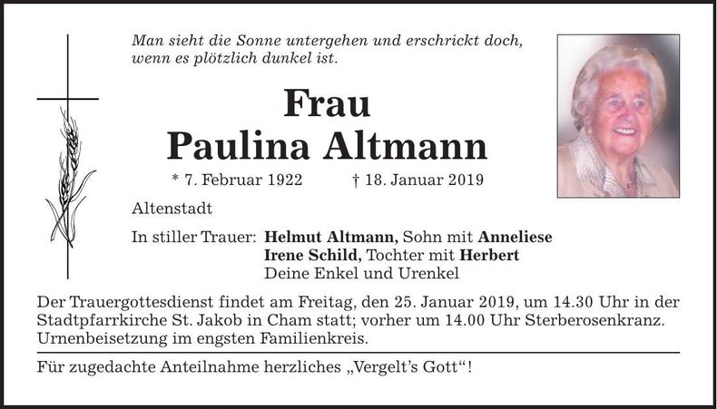 Traueranzeige Paulina Altmann