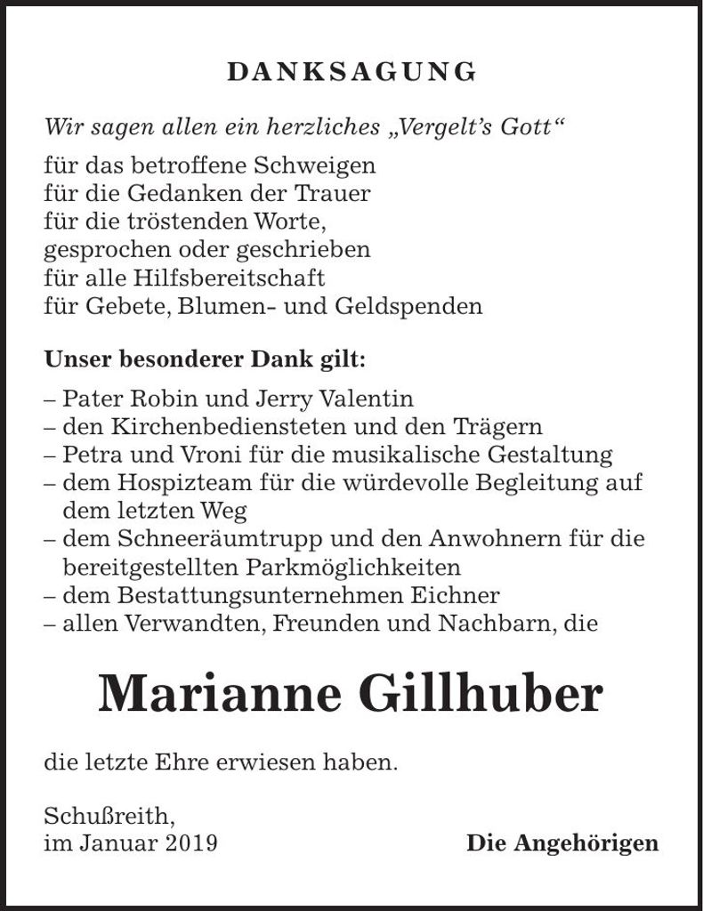 Traueranzeige Marianne Gillhuber