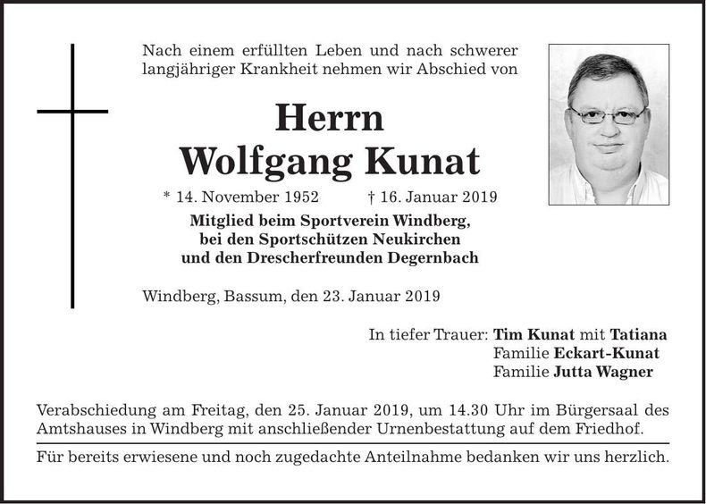 Traueranzeige Wolfgang Kunat