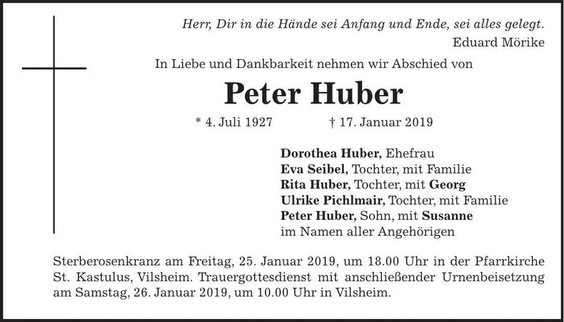 Traueranzeige Peter Huber