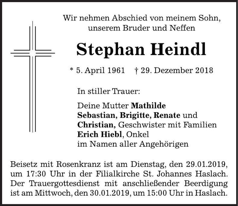 Traueranzeige Stephan Heindl