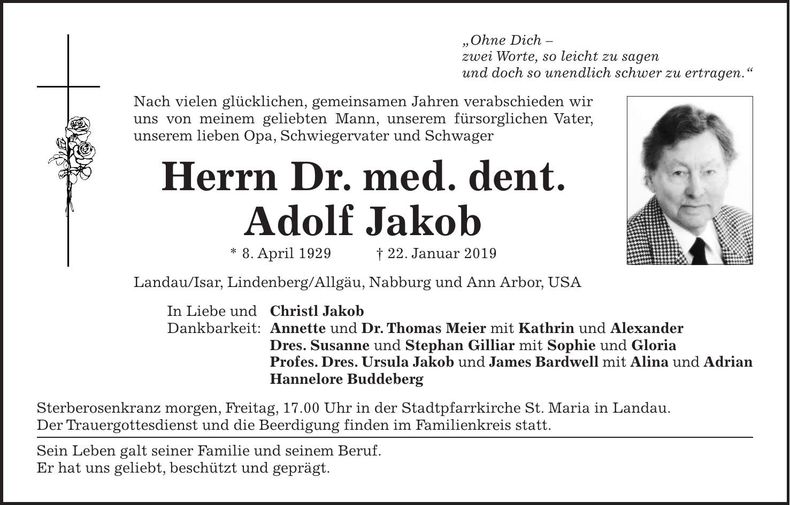 Traueranzeige Adolf Jakob