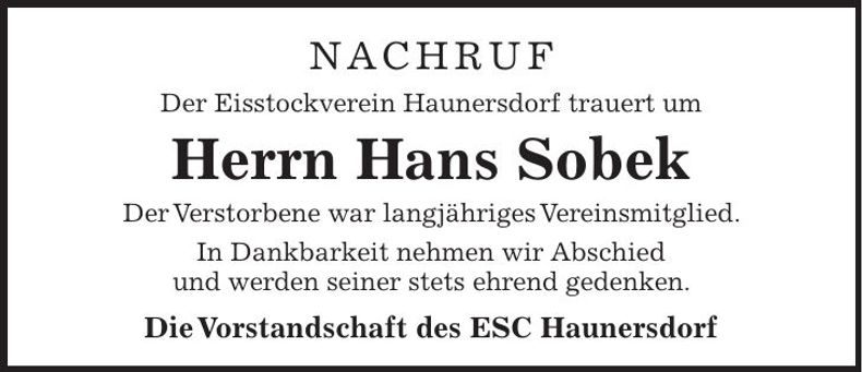 Traueranzeige Hans Sobek