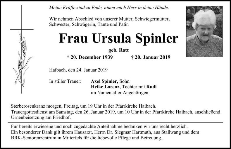 Traueranzeige Ursula Spinler
