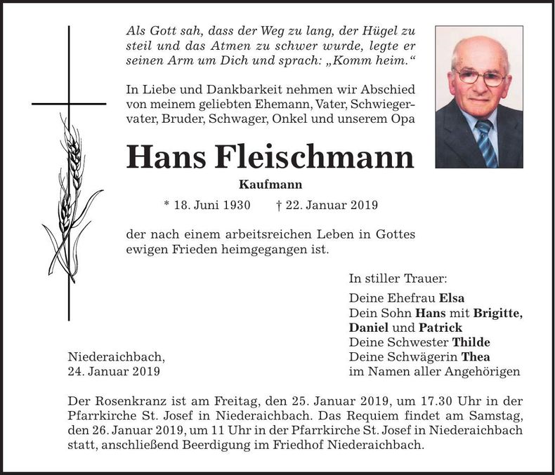 Traueranzeige Hans Fleischmann