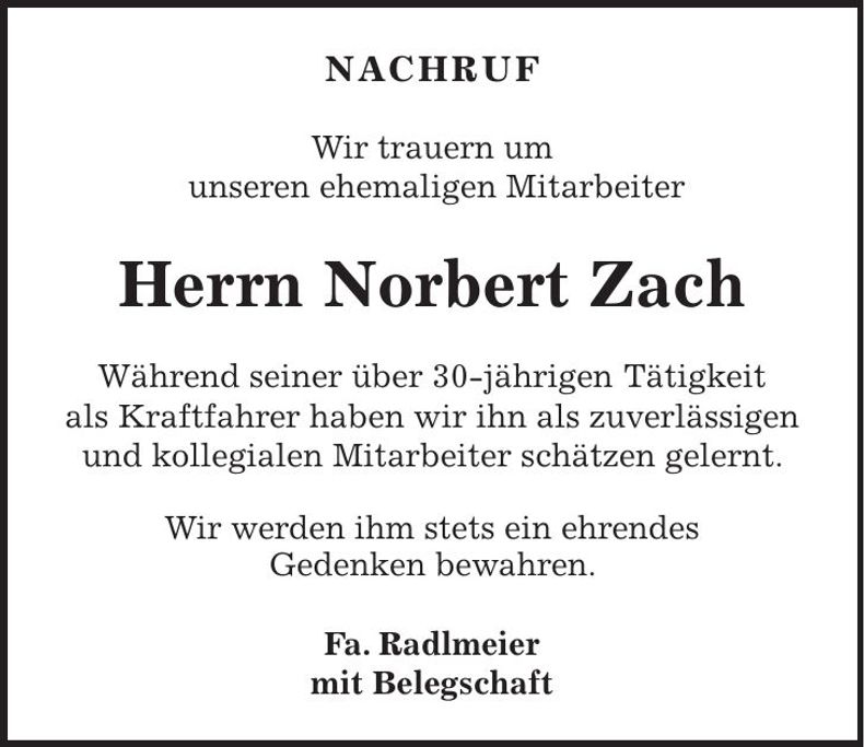 Traueranzeige Norbert Zach