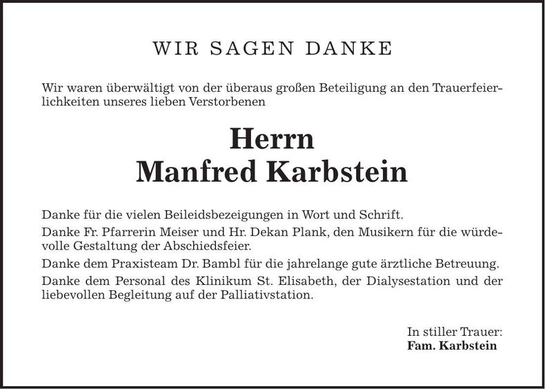 Traueranzeige Manfred Karbstein