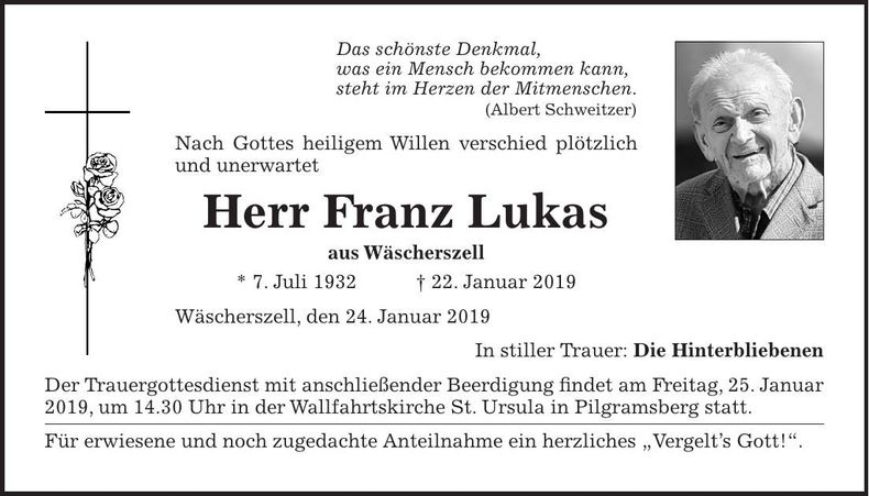 Traueranzeige Franz Lukas
