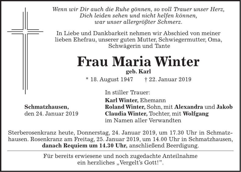 Traueranzeige Maria Winter