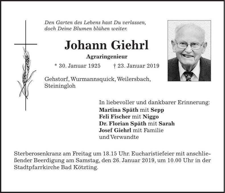 Traueranzeige Johann Giehrl