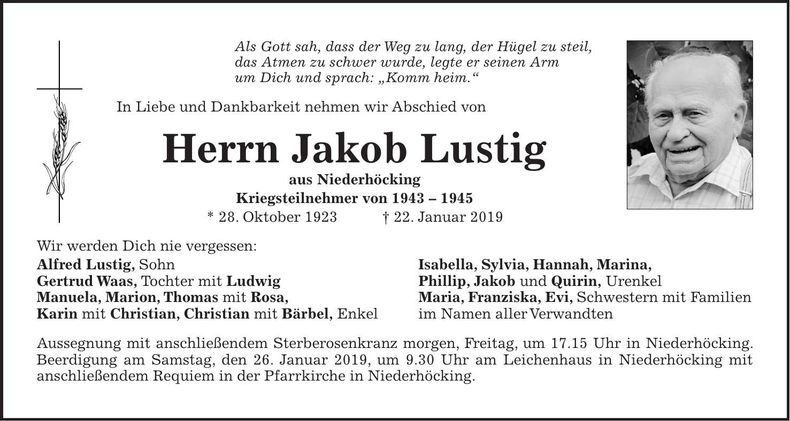 Traueranzeige Jakob Lustig