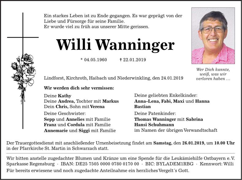 Traueranzeige Willi Wanninger