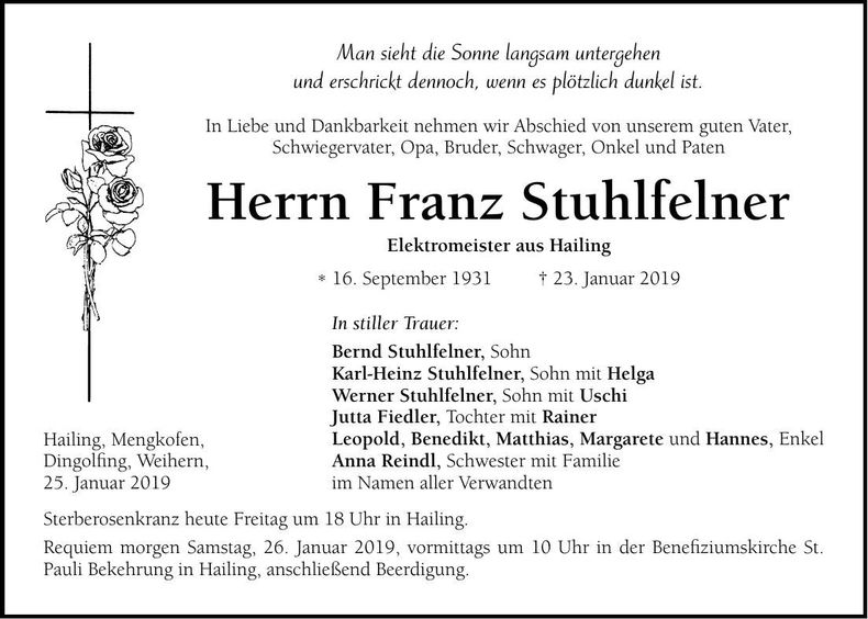 Traueranzeige Franz Stuhlfelner