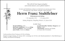 Traueranzeige Franz Stuhlfelner