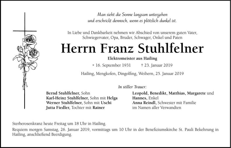 Traueranzeige Franz Stuhlfelner