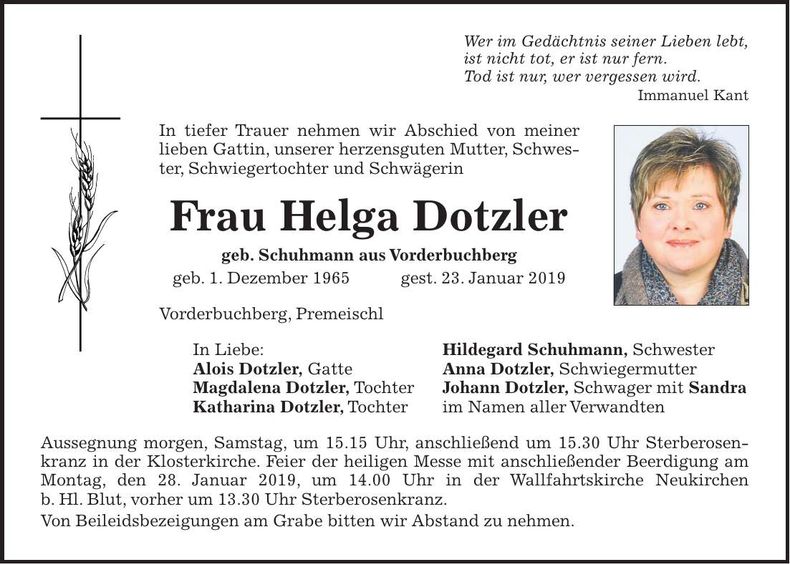 Traueranzeige Helga Dotzler