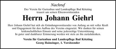 Traueranzeige Johann Giehrl