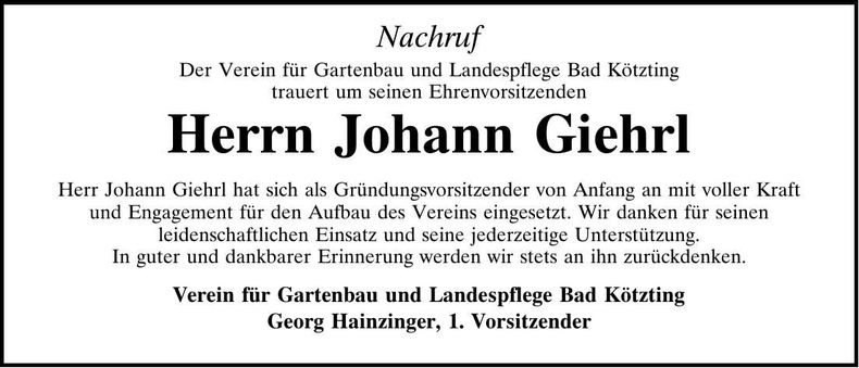 Traueranzeige Johann Giehrl