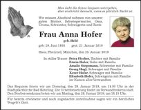 Traueranzeige Anna Hofer