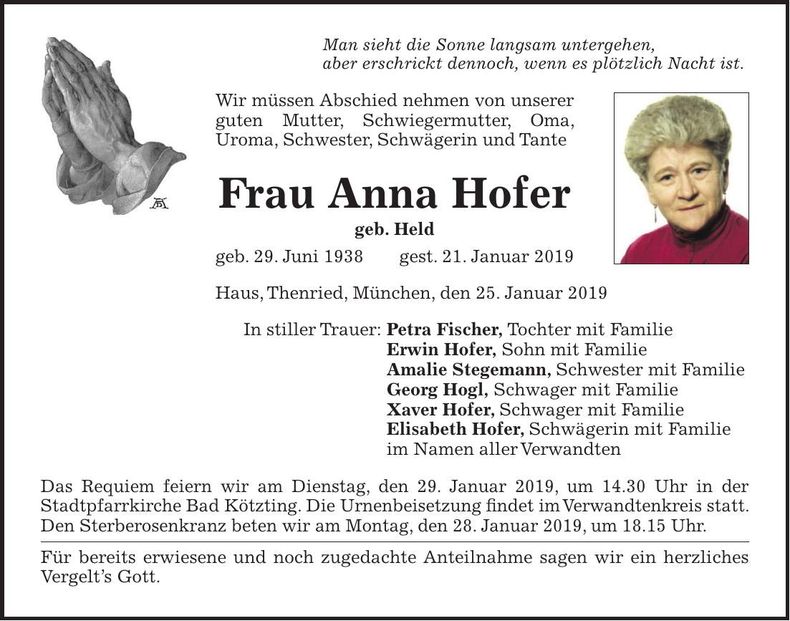 Traueranzeige Anna Hofer