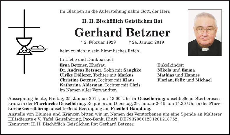 Traueranzeige Gerhard H.H.Bischöflich Geistlich Rat Betzner