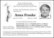 Traueranzeige Anna Franke