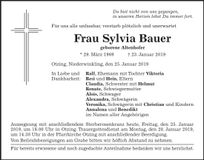 Traueranzeige Sylvia Bauer