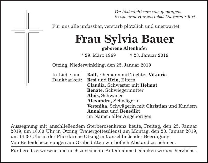 Traueranzeige Sylvia Bauer