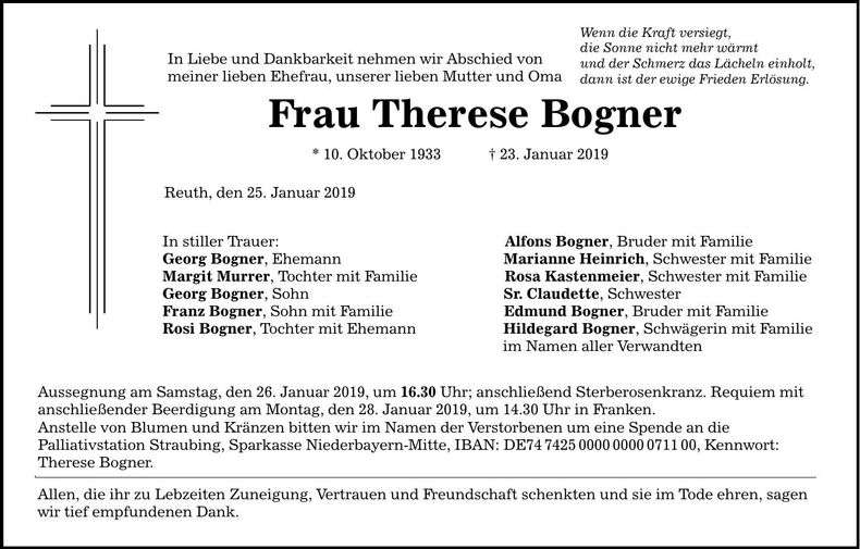 Traueranzeige Therese Bogner