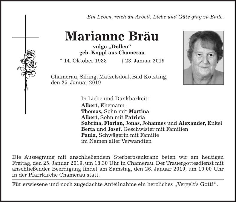 Traueranzeige Marianne Bräu