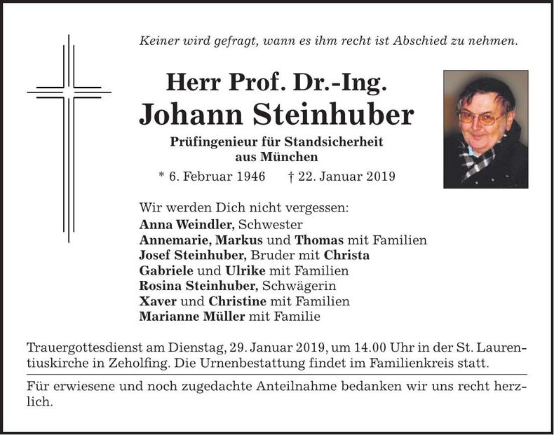 Traueranzeige Prof. Dr.-Ing. Johann Steinhuber