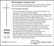 Traueranzeige Anton Stelzl