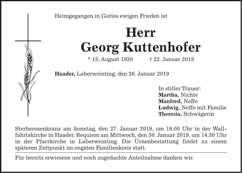 Traueranzeige Georg Kuttenhofer